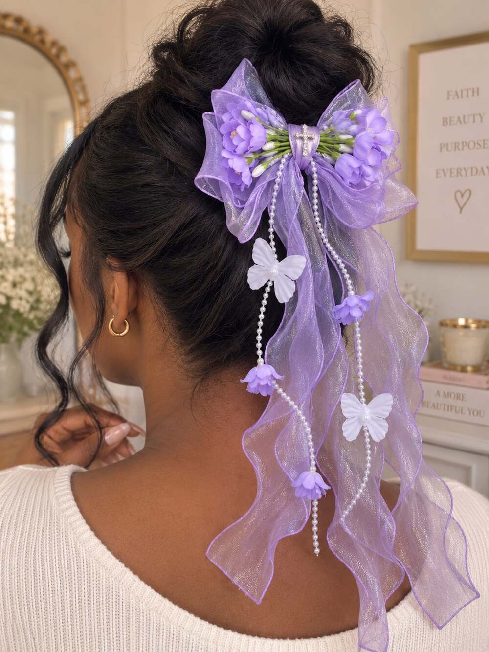 Coquette Lavender Floral Hair Bow Pearl Butterfly Cross Romantic Accessory